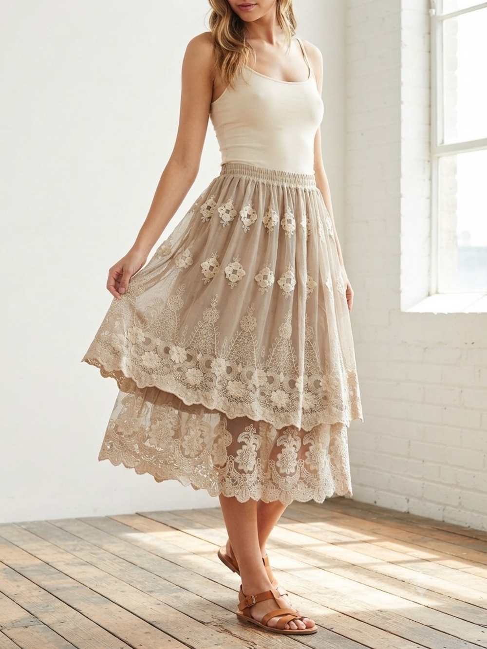Indigo Soul Fairy Core Tiered Mesh Lace Skirt Taupe M Boho Grunge